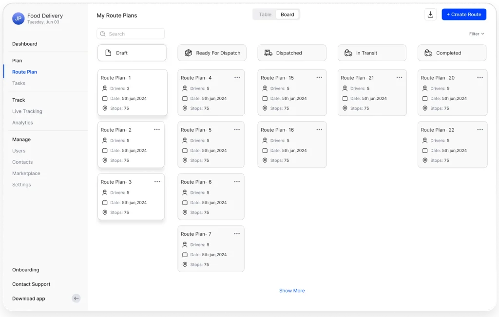 Once logged in, navigate to the main menu on the left side of the screen. Click on the "Route Plan" tab to view your current routes, which are either dispatched, ready to dispatch, in transit, drafted, etc.