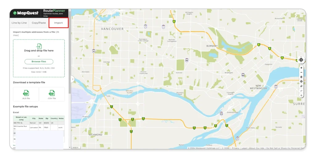 3. Import from file: This option is super easy if you’re working with a larger list of stops. You can upload an Excel file or CSV with all your addresses, and MapQuest will automatically populate the stops for you. Just be sure your file is formatted correctly with columns for street address, city, state, zip code, and any additional notes you want to include.