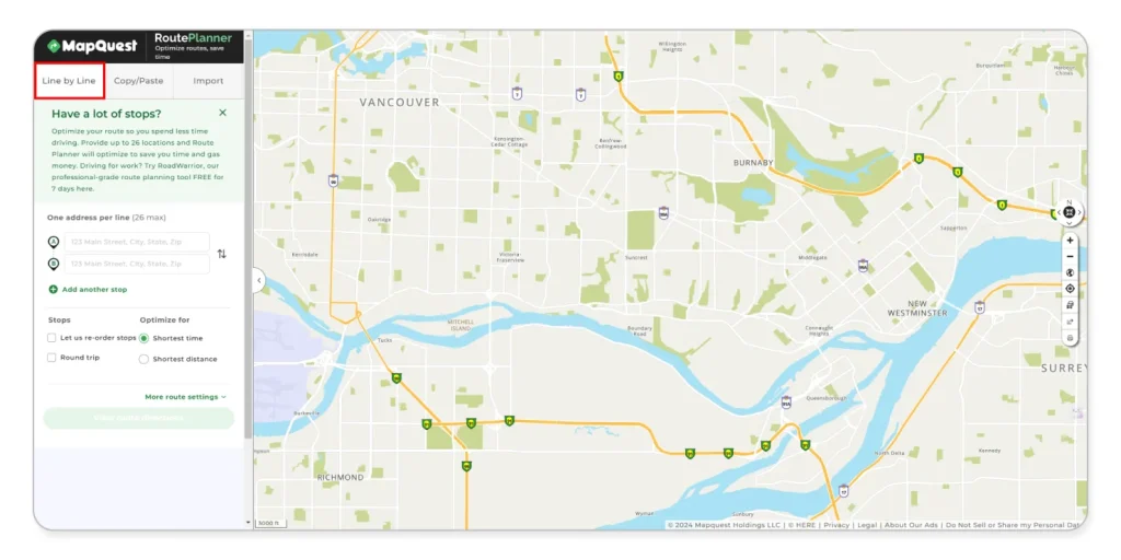 1. Line by line: This is the old-school method where you type in each address (one location at a time) and hit "Enter" or click "Add Stop" after each one. As you start typing, MapQuest will try to autocomplete the address for you, which can save you some time.